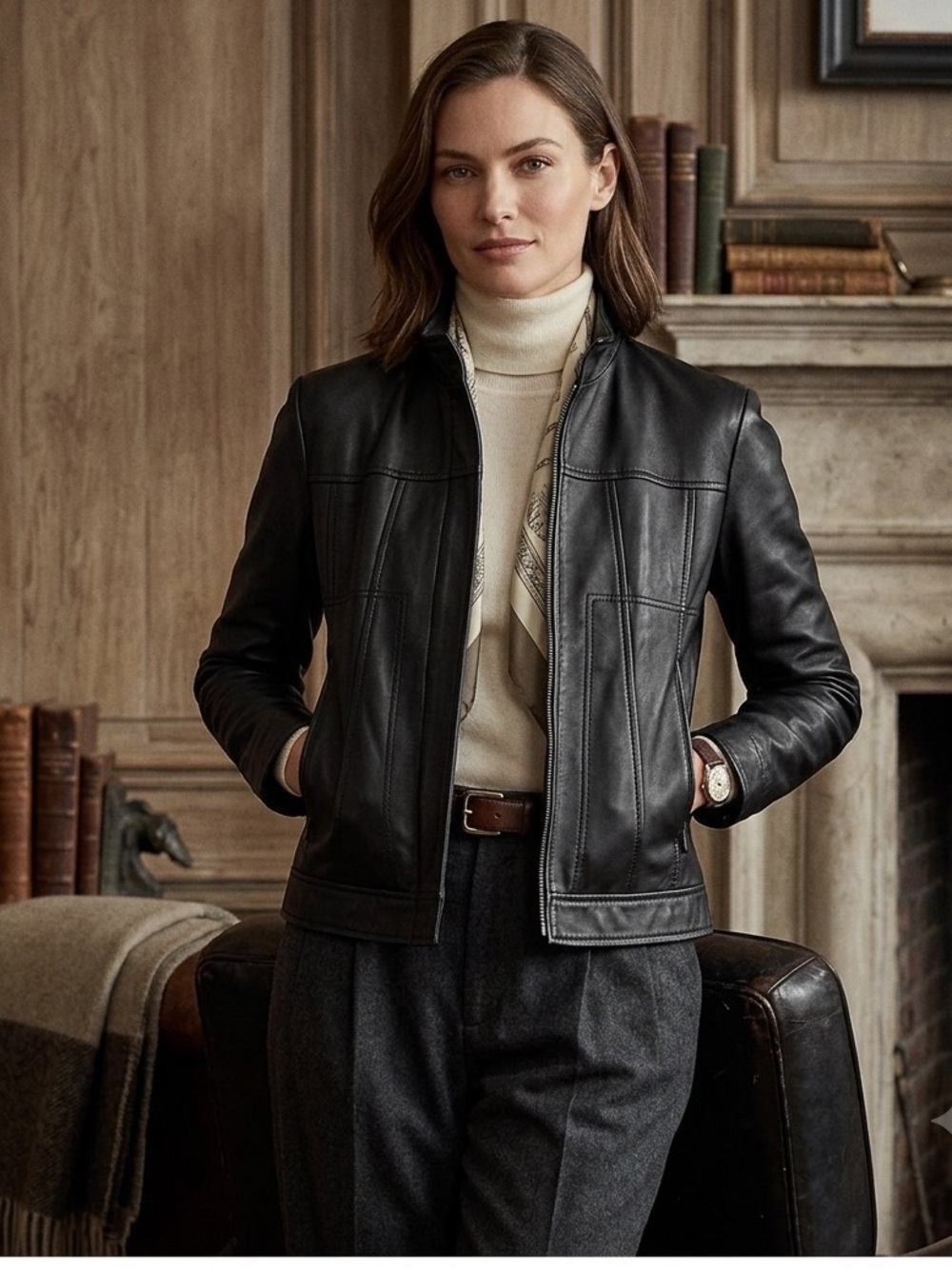 BurryLane Womens Black Genuine Leather Jacket Size L Stand Collar‎ Zip Moto Coat